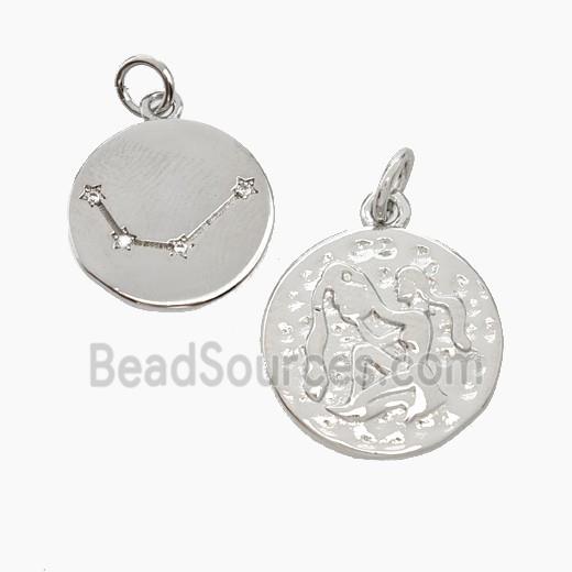 Copper Circle Pendant Pave Zirconia Zodiac Aquarius Platinum Plated