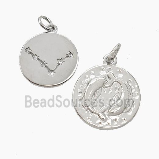 Copper Circle Pendant Pave Zirconia Zodiac Pisces Platinum Plated