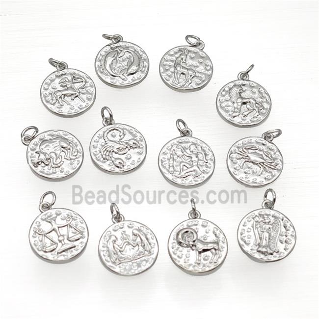 Copper Circle Pendant Pave Zirconia Zodiac Platinum Plated Mixed