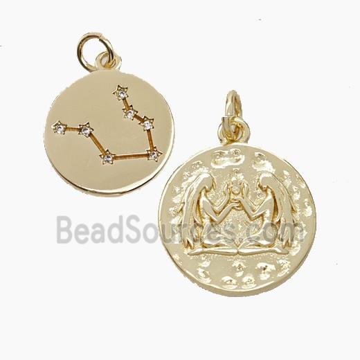 Copper Circle Pendant Pave Zirconia Zodiac Gemini Gold Plated