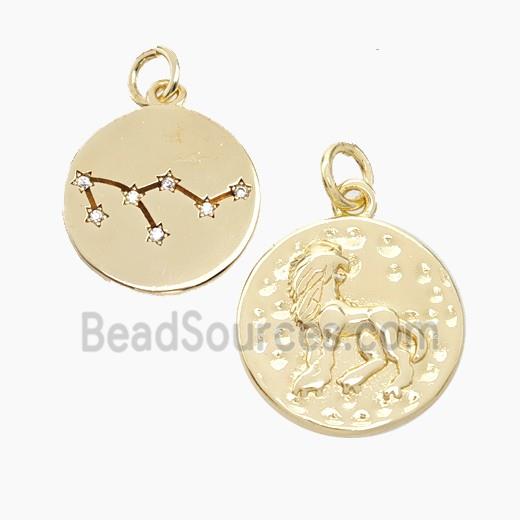 Copper Circle Pendant Pave Zirconia Zodiac Leo Gold Plated