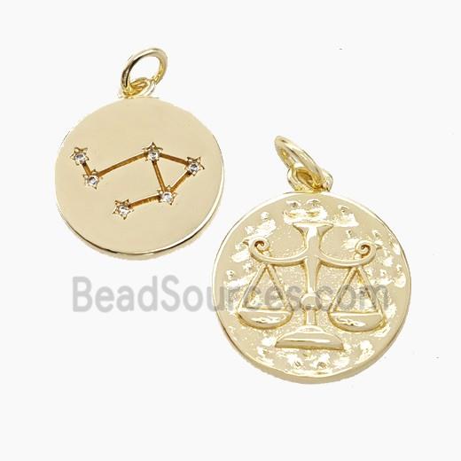 Copper Circle Pendant Pave Zirconia Zodiac Libra Gold Plated