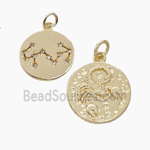 Copper Circle Pendant Pave Zirconia Zodiac Scorpio Gold Plated