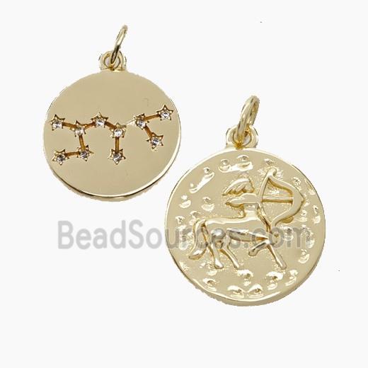 Copper Circle Pendant Pave Zirconia Zodiac Sagittarius Gold Plated