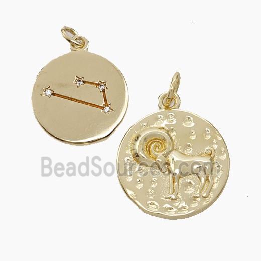 Copper Circle Pendant Pave Zirconia Zodiac Capricorn Gold Plated