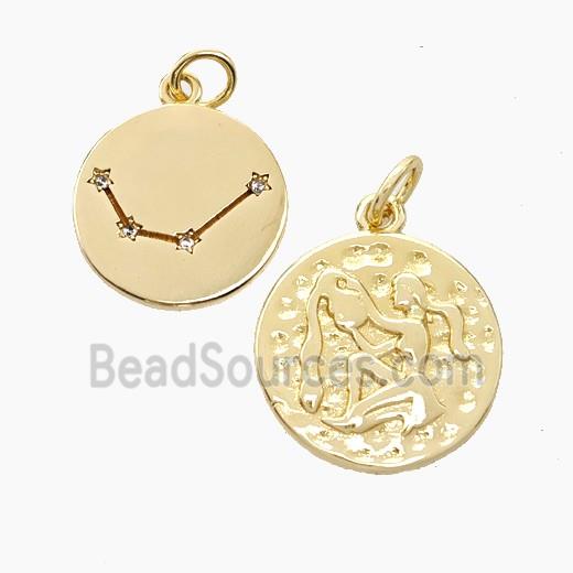 Copper Circle Pendant Pave Zirconia Zodiac Aquarius Gold Plated