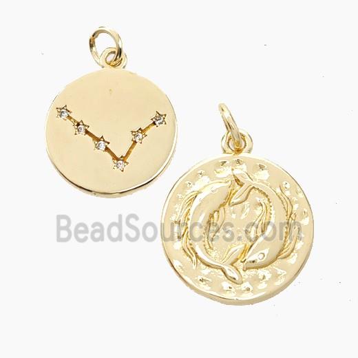 Copper Circle Pendant Pave Zirconia Zodiac Pisces Gold Plated