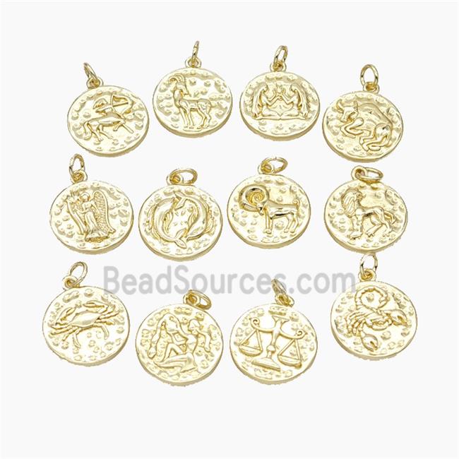 Copper Circle Pendant Pave Zirconia Zodiac Gold Plated Mixed