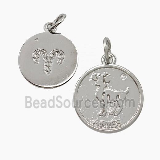 Zodiac Aries Copper Circle Pendant Pave Zirconia Platinum Plated