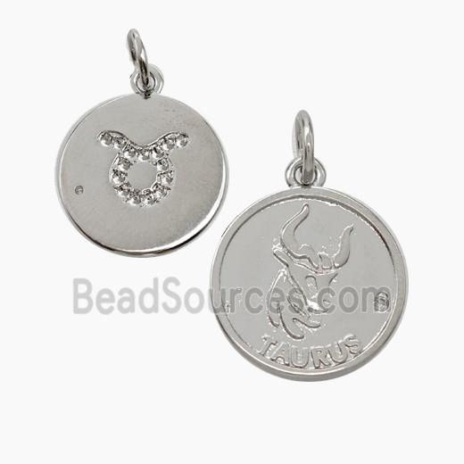 Zodiac Taurus Copper Circle Pendant Pave Zirconia Platinum Plated