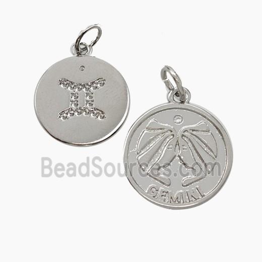 Zodiac Gemini Copper Circle Pendant Pave Zirconia Platinum Plated