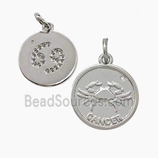 Zodiac Cancer Copper Circle Pendant Pave Zirconia Platinum Plated