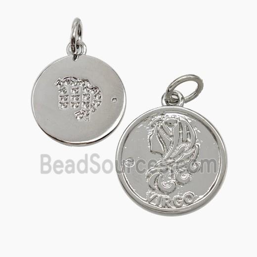 Zodiac Virgo Copper Circle Pendant Pave Zirconia Platinum Plated