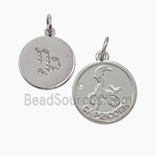 Zodiac Capricorn Copper Circle Pendant Pave Zirconia Platinum Plated