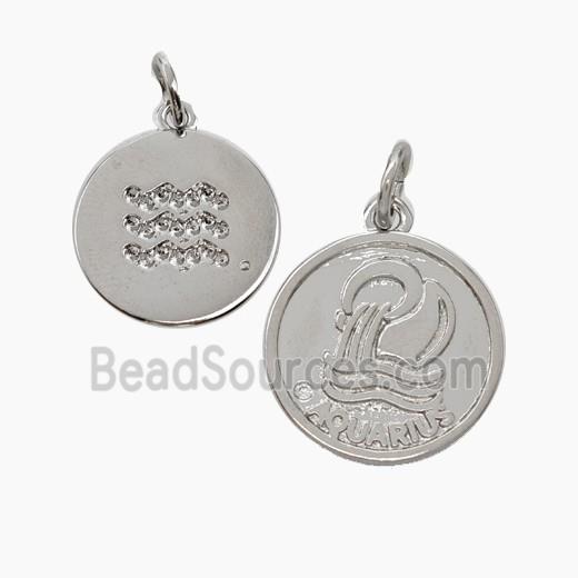 Zodiac Aquarius Copper Circle Pendant Pave Zirconia Platinum Plated