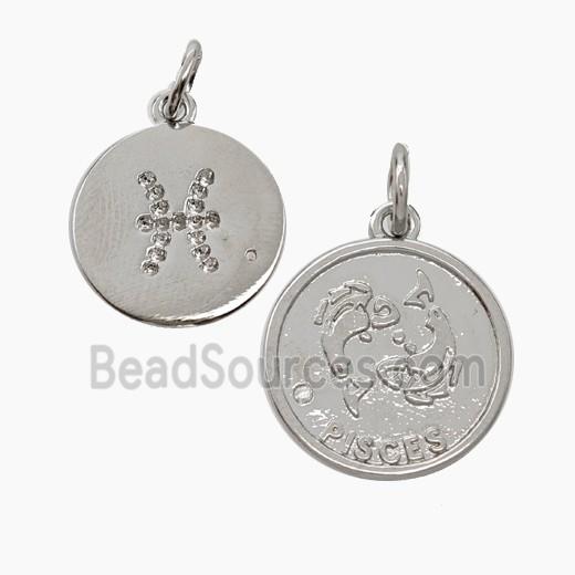 Zodiac Pisces Copper Circle Pendant Pave Zirconia Platinum Plated