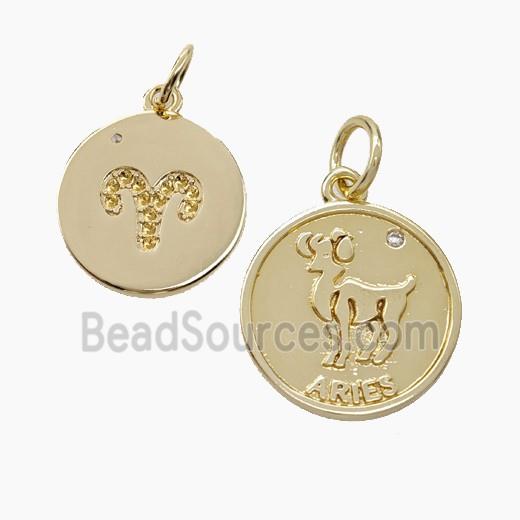 Zodiac Aries Copper Circle Pendant Pave Zirconia Gold Plated