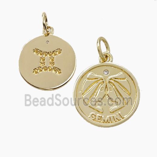 Zodiac Gemini Copper Circle Pendant Pave Zirconia Gold Plated