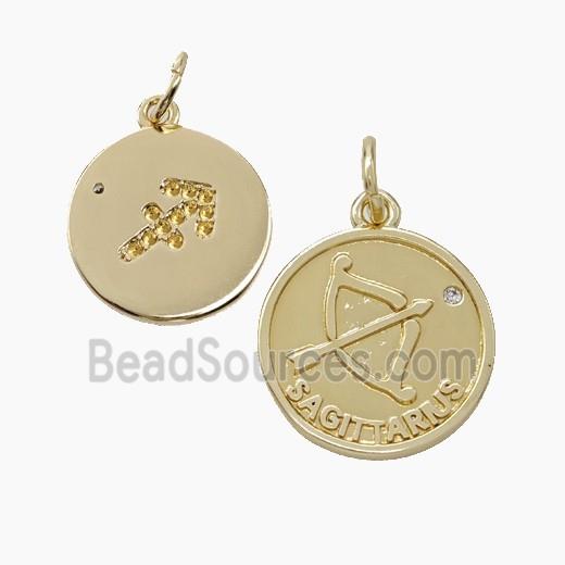 Zodiac Sagittarius Copper Circle Pendant Pave Zirconia Gold Plated