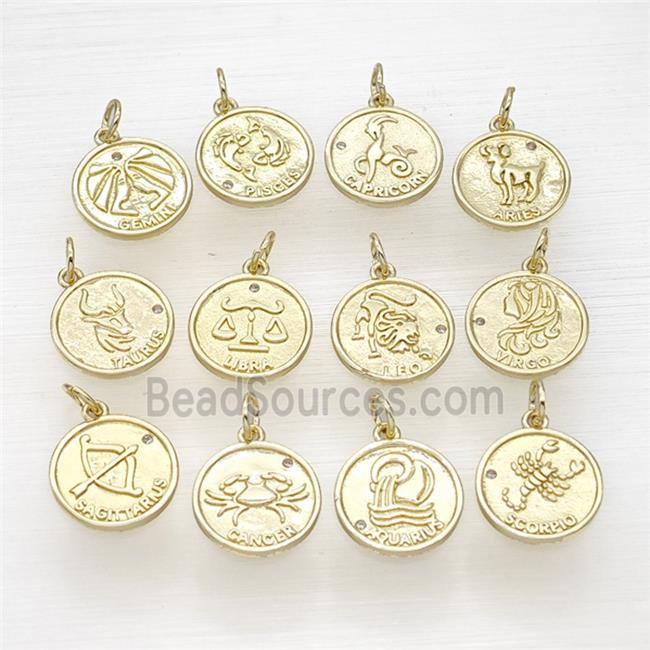 Copper Zodiac Circle Pendant Pave Zirconia Gold Plated Mixed