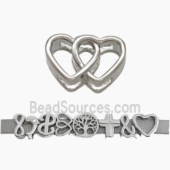 Copper Watchband Beads Double Heart Flat Hole Platinum Plated