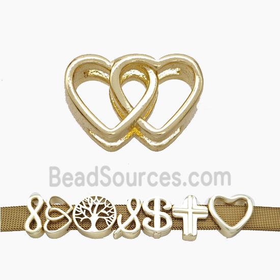 Copper Watchband Beads Double Heart Flat Hole Gold Plated