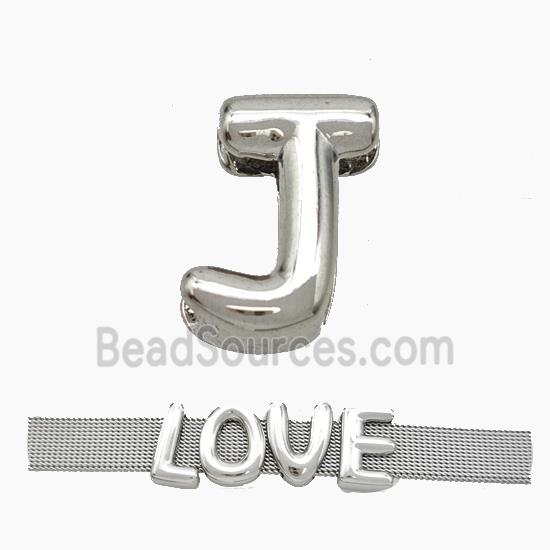 Copper Watchband Beads Letter-J Flat Hole Platinum Plated