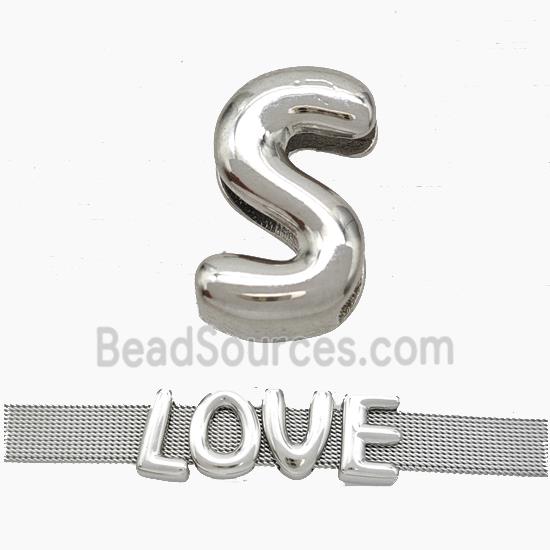 Copper Watchband Beads Letter-S Flat Hole Platinum Plated