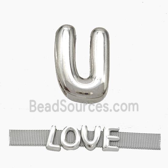 Copper Watchband Beads Letter-U Flat Hole Platinum Plated