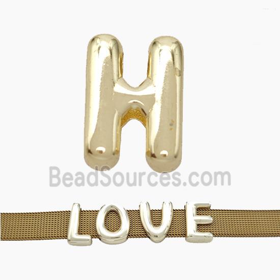 Copper Watchband Beads Letter-H Flat Hole Gold Plated