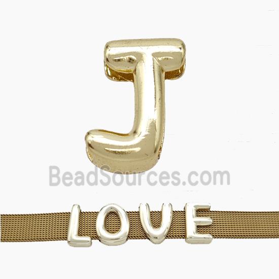 Copper Watchband Beads Letter-J Flat Hole Gold Plated