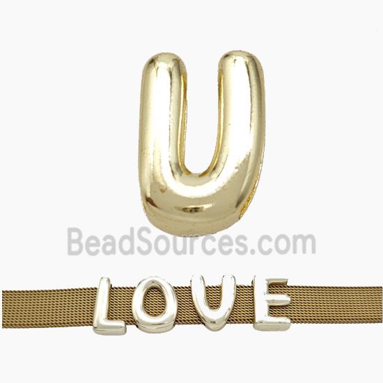 Copper Watchband Beads Letter-U Flat Hole Gold Plated