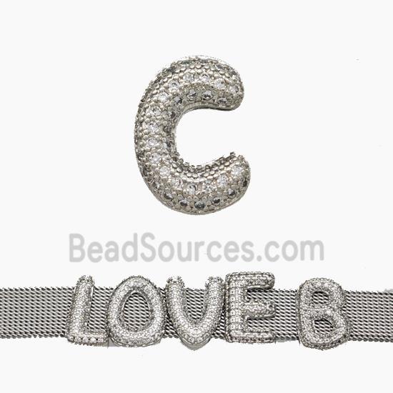 Copper Watchband Beads Pave Zirconia Letter-C Flat Hole Platinum Plated