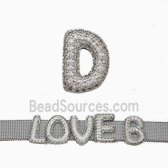 Copper Watchband Beads Pave Zirconia Letter-D Flat Hole Platinum Plated