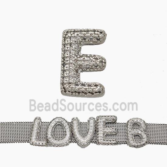 Copper Watchband Beads Pave Zirconia Letter-E Flat Hole Platinum Plated