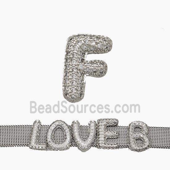 Copper Watchband Beads Pave Zirconia Letter-F Flat Hole Platinum Plated