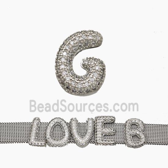 Copper Watchband Beads Pave Zirconia Letter-G Flat Hole Platinum Plated