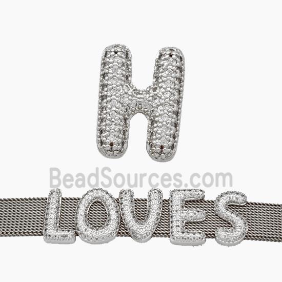 Copper Watchband Beads Pave Zirconia Letter-H Flat Hole Platinum Plated