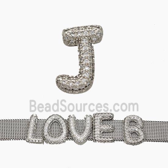 Copper Watchband Beads Pave Zirconia Letter-J Flat Hole Platinum Plated