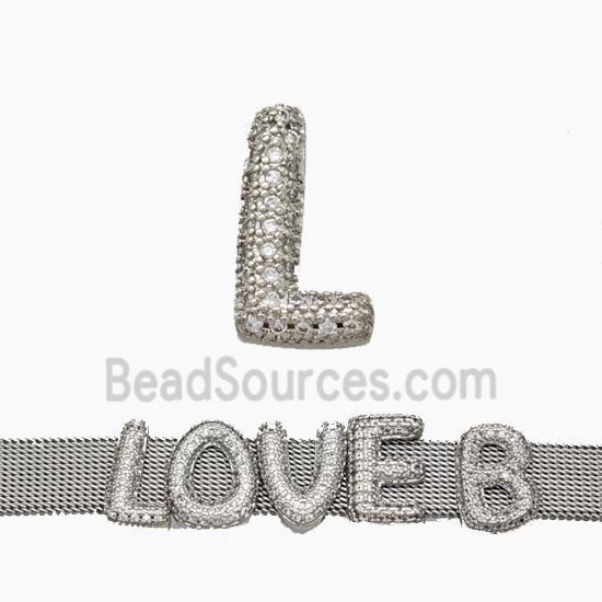 Copper Watchband Beads Pave Zirconia Letter-L Flat Hole Platinum Plated