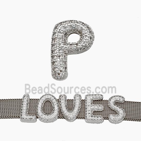 Copper Watchband Beads Pave Zirconia Letter-P Flat Hole Platinum Plated