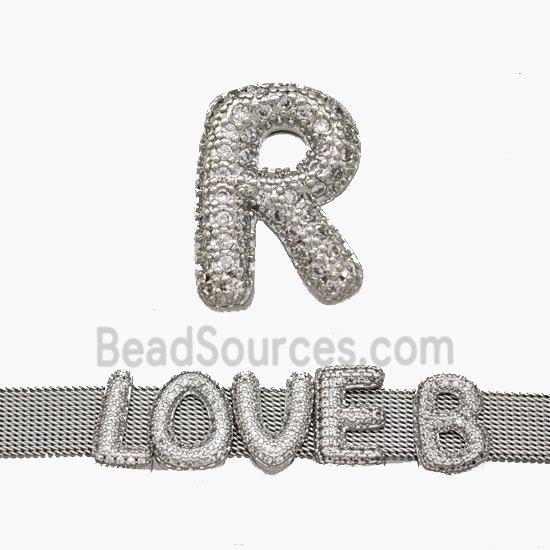 Copper Watchband Beads Pave Zirconia Letter-R Flat Hole Platinum Plated