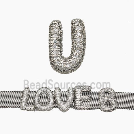 Copper Watchband Beads Pave Zirconia Letter-U Flat Hole Platinum Plated