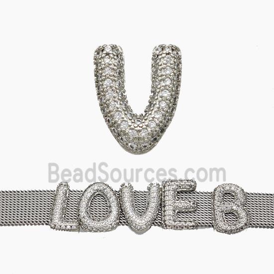 Copper Watchband Beads Pave Zirconia Letter-V Flat Hole Platinum Plated