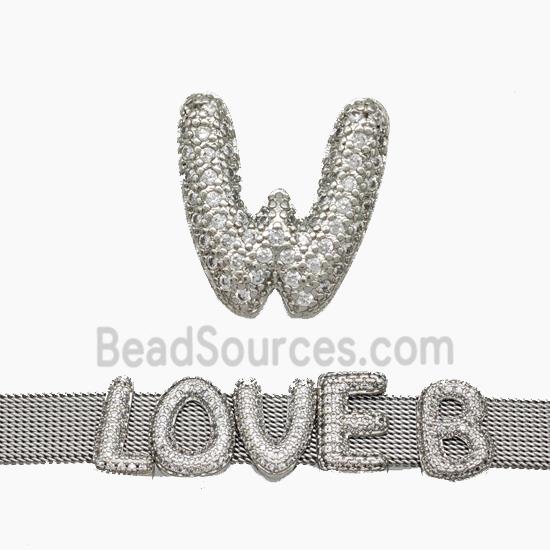 Copper Watchband Beads Pave Zirconia Letter-W Flat Hole Platinum Plated