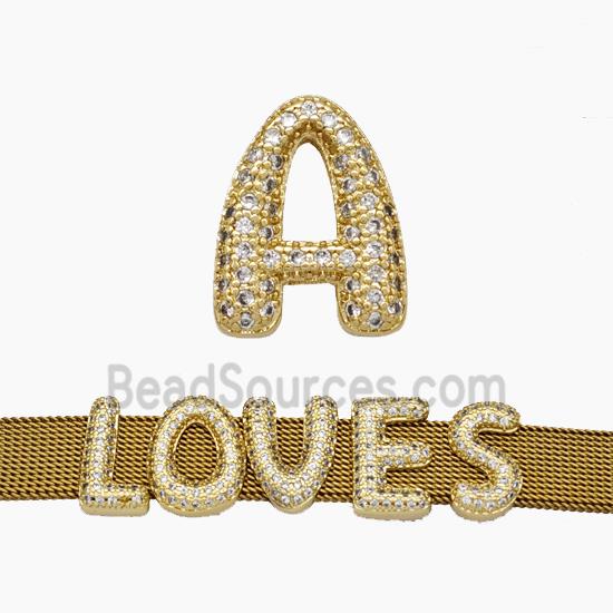 Copper Watchband Beads Pave Zirconia Letter-A Flat Hole Gold Plated