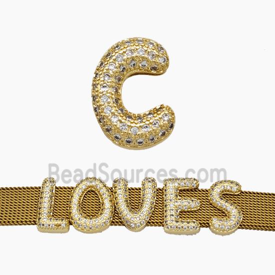 Copper Watchband Beads Pave Zirconia Letter-C Flat Hole Gold Plated