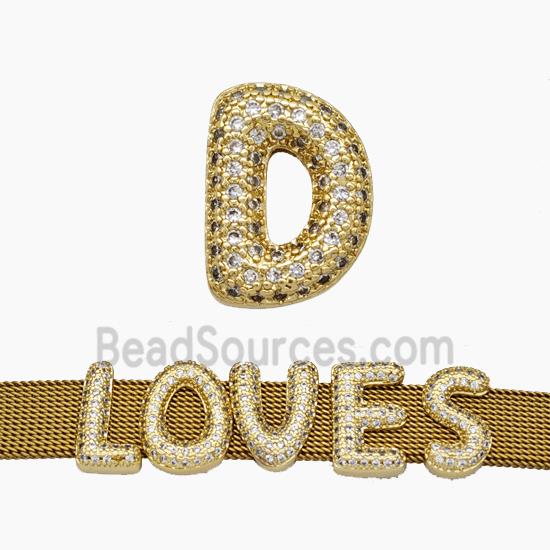 Copper Watchband Beads Pave Zirconia Letter-D Flat Hole Gold Plated