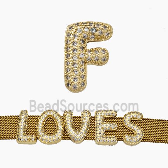 Copper Watchband Beads Pave Zirconia Letter-F Flat Hole Gold Plated