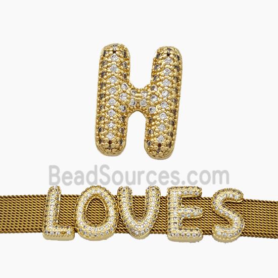 Copper Watchband Beads Pave Zirconia Letter-H Flat Hole Gold Plated